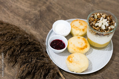 breakfast with fried eggs and coffee