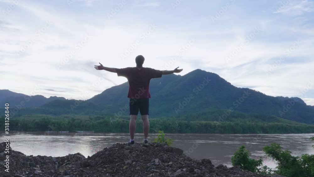 Happy Man On Riverside, Slow Motion Happy Man On Riverside, Slow Motion