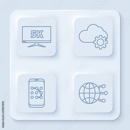 Set line Monitor display with 5k video, Cloud technology data transfer and storage, Mobile and graphic password protection and Global technology or social network. White square button. Vector