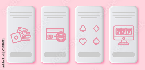 Set line Game dice, Credit card, Playing cards and Online slot machine with lucky sevens jackpot. White rectangle button. Vector