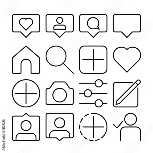 Social Media, Communication line icons set vector illustration. It contains such an icon as home, camera, comment, like, follow, camera, heart, like, user story. Pixel perfect. Editable Stroke.