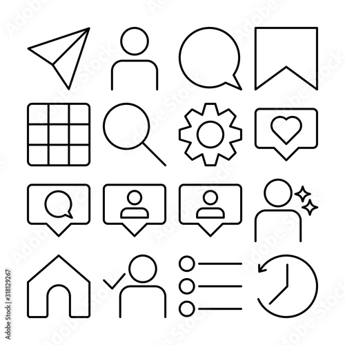 Social Media, Communication line icons set vector illustration. It contains such an icon as home, camera, comment, like, follow, camera, heart, like, user story. Pixel perfect. Editable Stroke.