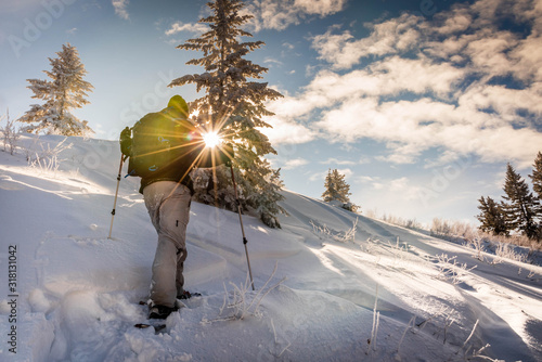 Fotografía View of the hiker snowshoeing in the winter forest.