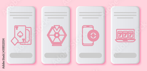 Set line Playing card with spades, Lucky wheel, Online poker table game and Online slot machine with lucky sevens jackpot. White rectangle button. Vector