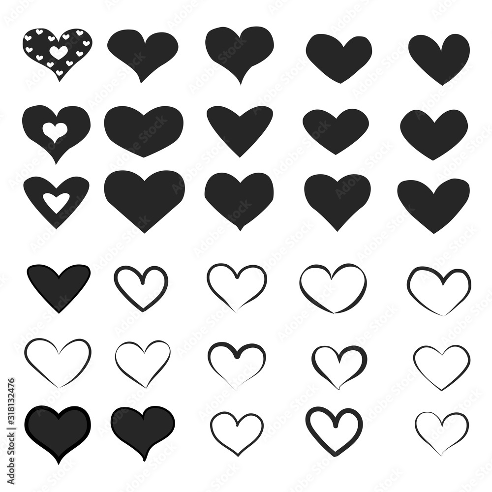 Set of Heart Icons in black