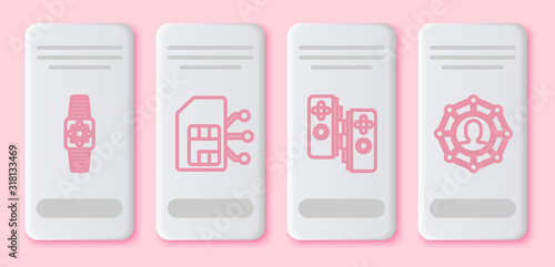 Set line Smartwatch, Sim card, Gamepad and Project team base. White rectangle button. Vector