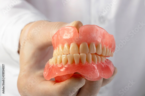 False teeth prosthesis. Doctor Dentist.