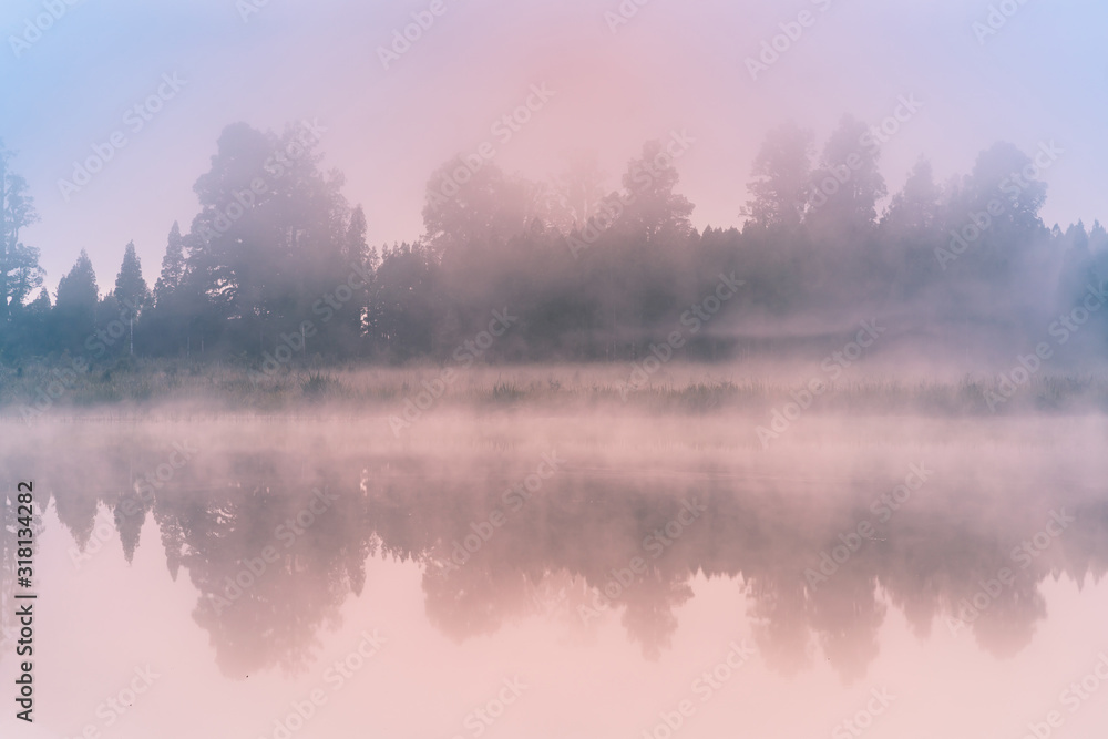 Fototapeta premium Matheson lake morning time with reflection view, New Zealand natural landscape