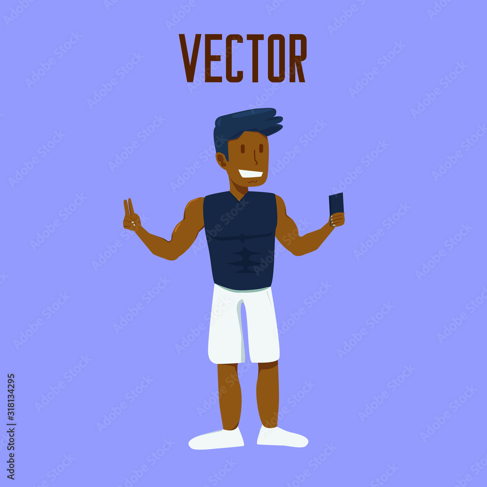 Flat Vector Black Man Holding Smartphone And Do Selfie Stock Vector ...