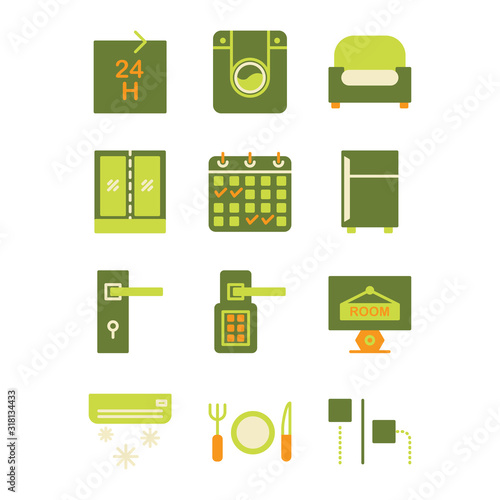 Hotel icon set include hotel, service, life time, support, laundry, dress washing, washing machine, armchair, sofa, furniture, seat, wardrobe, storage, clothes, booking, calendar