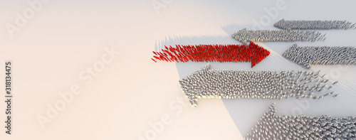 3D illustration success leadership business ideas concept crowd people  arrow form topview go forward with strength and powerful determind on white floor with sunlight