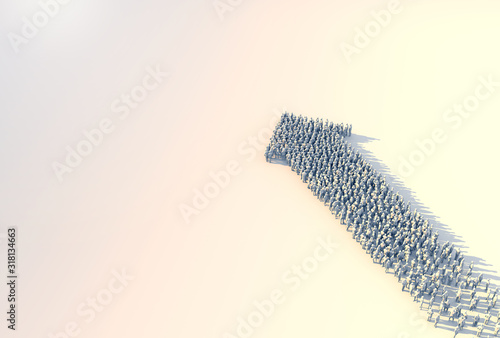 3D illustration success leadership business ideas concept crowd people  arrow form topview go forward with strength and powerful determind on white floor with sunlight