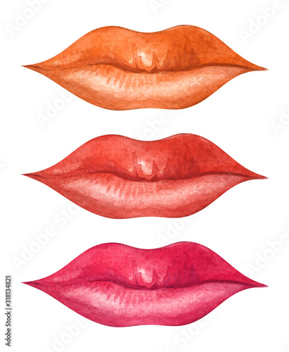 Female bright red lips. Lips painted with lipstick. Kiss. Decorative element. Hand-drawn watercolor illustration on a bright background