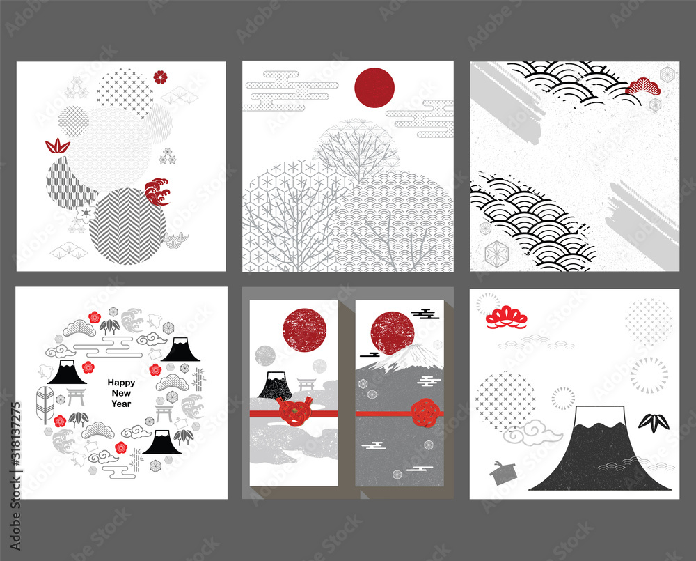 Japanese background with icon and pattern vector. Fuji mountain ...