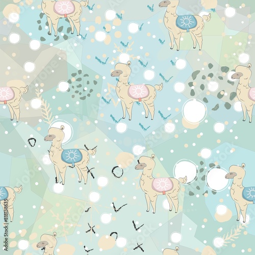 Seamless alpaca pattern, hand drawn Scandinavian cute design
