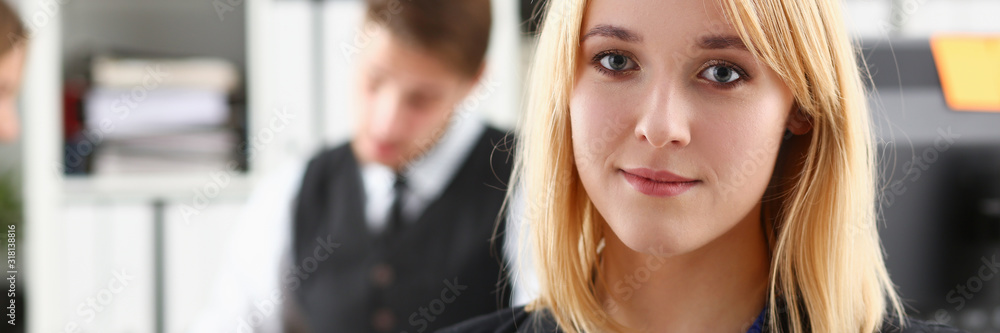 Beautiful smiling businesswoman portrait at workplace look in camera. White collar worker at workspace exchange market job offer certified public accountant internal Revenue officer concept Beautiful smiling businesswoman portrait at workplace look in camera. White collar worker at workspace exchange market job offer certified public accountant internal Revenue officer concept