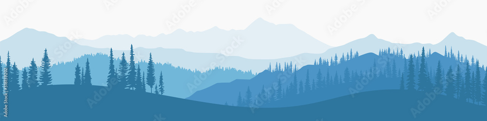 Vector illustration of mountains, ridge in the morning haze, panoramic view