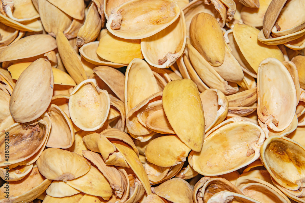 Pistachio shells. The background image of the surface texture close-up. Pistachio shells. The background image of the surface texture close-up.