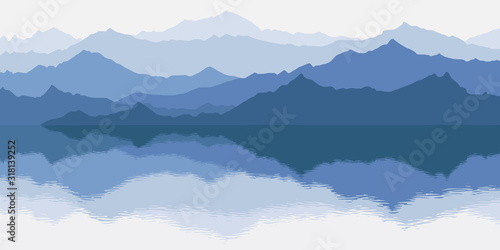 Fototapeta Naklejka Na Ścianę i Meble -  Fantasy on the theme of the morning landscape. Picturesque reflection in the lake, mountains in the fog. Vector illustration.