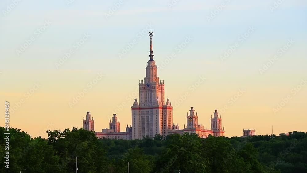 Moscow city center. Boat trip on the Moscow river. The famous Stalinist skyscrapers. MSU Moscow State University and hotel Ukraine. USSR architecture Soviet Union building. High-rise of Stalin period. Moscow city center. Boat trip on the Moscow river. The famous Stalinist skyscrapers. MSU Moscow State University and hotel Ukraine. USSR architecture Soviet Union building. High-rise of Stalin period.