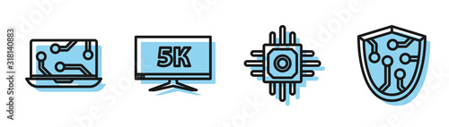 Set line Processor, Laptop, Monitor display with 5k video and Cyber security icon. Vector