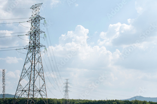 Electricity transmission line with green tree nature, Green conservative energy, Energy be friendly with environment concept, Power distribution pylon system to rural community and countryside