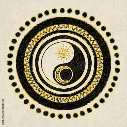 Yin Yang symbol. Culture and philosophy of the east, chinese taoism. Vector drawing in grunge style.