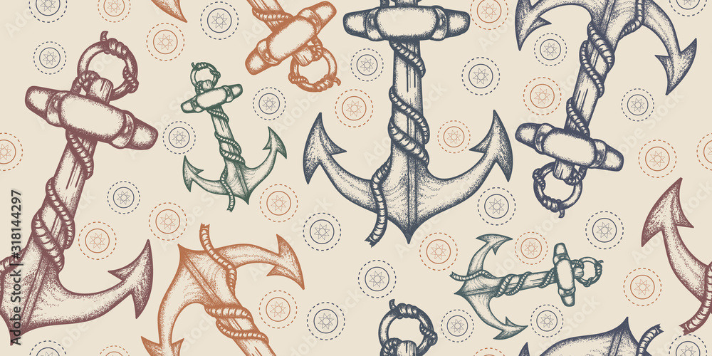 Obraz premium Ships anchor and rope. Seamless pattern. Packing old paper, scrapbooking style. Vintage background. Medieval manuscript, engraving art. Sea adventure concept