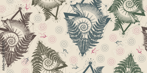 Trilobites, ammonite and fern. Seamless pattern. Packing old paper, scrapbooking style. Vintage background. Medieval manuscript, engraving art. Ancient fossils, symbol of paleontology, science