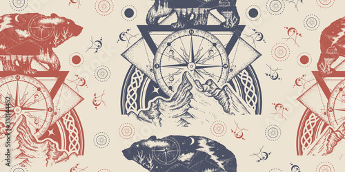 Bear double exposure, mountains, compass. Seamless pattern. Packing old paper, scrapbooking style. Medieval manuscript, engraving art. Tourism symbol, adventure, great outdoor. Grizzly silhouette