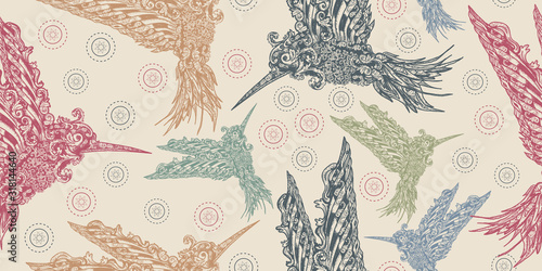 Humming bird. Seamless pattern. Packing old paper, scrapbooking style. Vintage background. Medieval manuscript, engraving art. Symbol of freedom, dream, travel, imagination