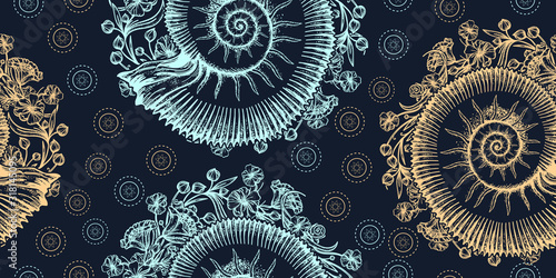 Ammonites and art nouveau flowers. Seamless pattern. Packing old paper, scrapbooking style. Vintage background. Medieval manuscript, engraving art. Symbol of science, paleontology, history, biology