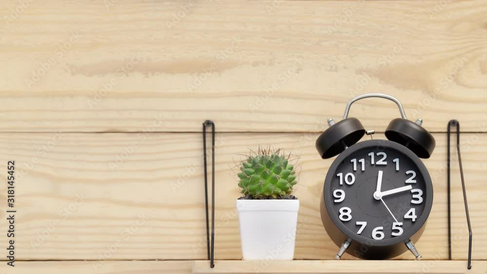 Black watch and A baton in a white diamond pot placed on a shelf next to a wooden wall, Showed that it was a break, Start time 12:00 stop 12:15. Black watch and A baton in a white diamond pot placed on a shelf next to a wooden wall, Showed that it was a break, Start time 12:00 stop 12:15.