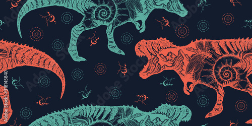 Tyrannosaur double exposure. Seamless pattern. Packing old paper, scrapbooking style. Vintage background. Medieval manuscript, engraving art. T-Rex dinosaur monster