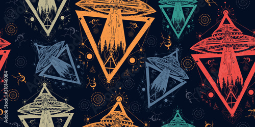 Ufo aliens kidnapped person. Seamless pattern. Packing old paper, scrapbooking style. Vintage background. Medieval manuscript, engraving art. Paranormal Activity, first contact