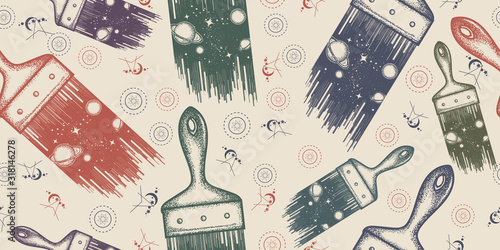 Brush draws universe. Seamless pattern. Packing old paper, scrapbooking style. Vintage background. Medieval manuscript, engraving art. Symbol of space, universe,dream, imagination, creative idea