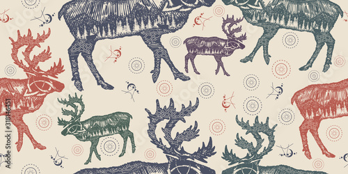 Reindeer double exposure. Seamless pattern. Packing old paper, scrapbooking style. Vintage background. Medieval manuscript, engraving art. Symbol tourism, travel, far north. Mountains, polar light