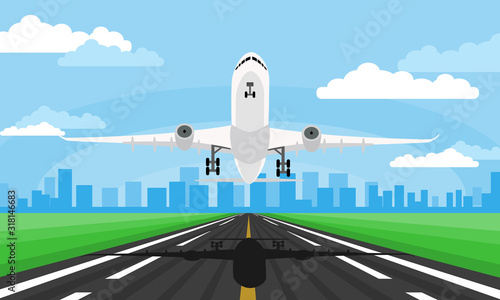 Vector illustration of the airplane takeoff or landing from runway with big city silhouette and blue sky with clouds © prakasit