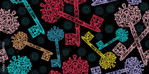 Crossed keys. Seamless pattern. Packing old paper, scrapbooking style. Vintage background. Medieval manuscript, engraving art