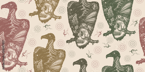 Vulture double exposure. Seamless pattern. Packing old paper, scrapbooking style. Vintage background. Medieval manuscript, engraving art. Skull and mountains. Symbol of life and death