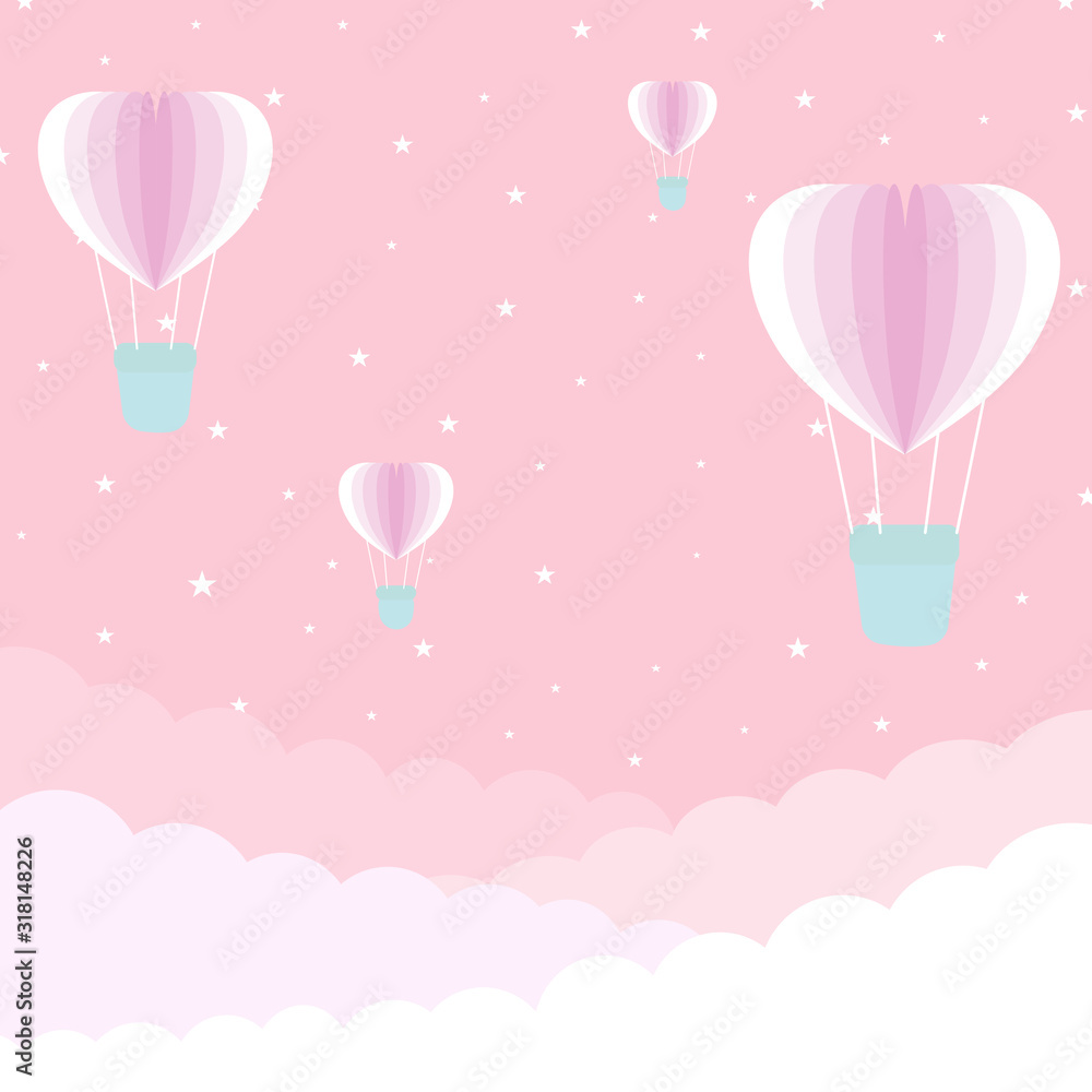 Heart balloons flying on sky with clouds pastel style - Love and Valentine day vector illustration concept.