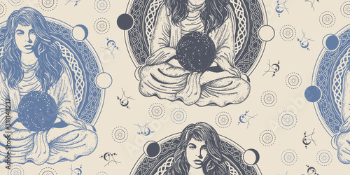 Magic woman. Seamless pattern. Packing old paper, scrapbooking style. Vintage background. Medieval manuscript, engraving art. . Girl in lotus pose. Symbol meditation, astrology, magic, yoga