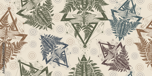 Nautilus shell prehistoric. Ancient ammonite. Seamless pattern. Packing old paper, scrapbooking style. Vintage background. Medieval manuscript, engraving art. Symbol of paleontology, science