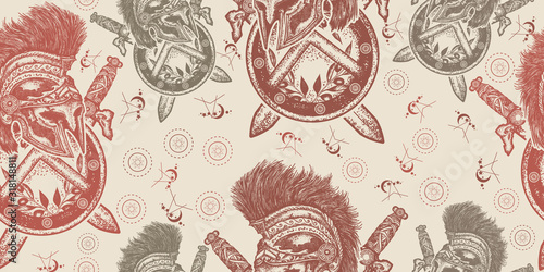Spartan helmet crossed swords and shield. Seamless pattern. Packing old paper, scrapbooking style. Vintage background. Medieval manuscript, engraving art. Symbol of bravery, fight, hero, army