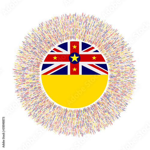 Flag of Niue with colorful rays. Radiant country sign. Shiny sunburst with Niue flag. Authentic vector illustration.