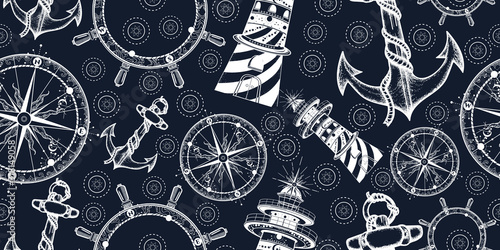 Anchor, steering wheel, compass and lighthouse. Seamless pattern. Packing old paper, scrapbooking style. Vintage background. Medieval manuscript, engraving art. Symbols of adventure voyage, tourism