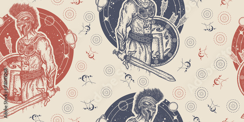 Gladiator spartan warrior holding sword and shield. Seamless pattern. Packing old paper, scrapbooking style. Vintage background. Medieval manuscript, engraving art. Legionary of ancient Rome