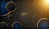 Black luxury circle background with golden line and sparkle light glittering elements.
