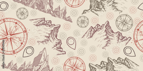 Mountains, compass, map pointer, tourist. Seamless pattern. Packing old paper, scrapbooking style. Vintage background. Medieval manuscript, engraving art. Symbols of mountaineering, adventures