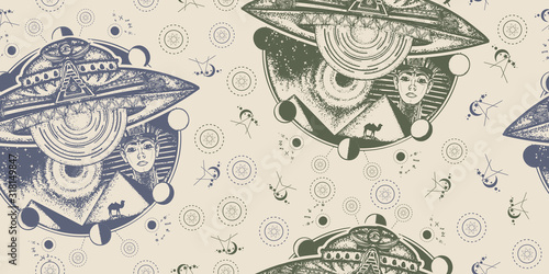 UFO and ancient Egypt. Seamless pattern. Packing old paper, scrapbooking style. Vintage background. Medieval manuscript, engraving art. Paleocontact concept. Aiens, ancient astronauts